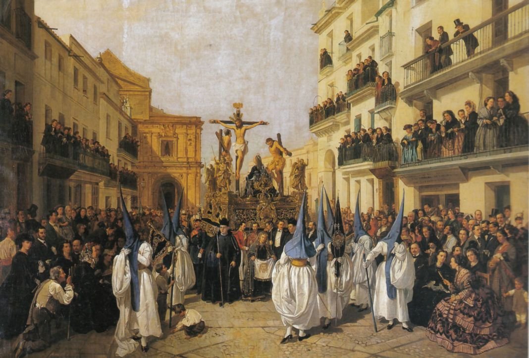 "La cofradía de Montserrat por la calle Génova", por Manuel Cabral Bejarano, Sevilla, 1862, Real Alcázar de Sevilla.