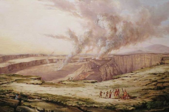 "El volcán Kilauea de día", por Titian Ramsay Peale, 1842, óleo sobre lienzo, Pauahi Bernice Bishop Museum.