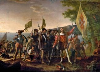 Desembarco de Cristóbal Colón en América, por John Vanderlyn, 1847.