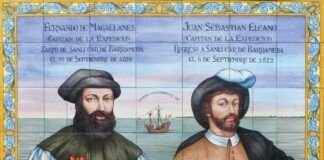 Magallanes y Elcano, en un azulejo conmemorativo en la ciudad de Sanlúcar de Barrameda (Cádiz). Sobre la nao "Victoria", tras ellos, la frase en latín "Primus circumdedisti me" (Fuiste el primero que la vuelta me diste).