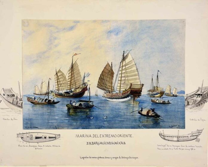 "Marina del Extremo Oriente. Embarcaciones chinas", Rafael Monleón, 1888, España, técnica mixta sobre papel, 48,7 x 62,8 cm.
