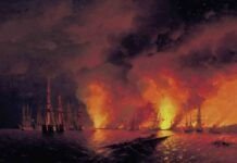 "La batalla de Sinope", Guerra de Crimea, por I. Aivazovsky, 1856, óleo sobre lienzo, Museo Naval de San Petersburgo.
