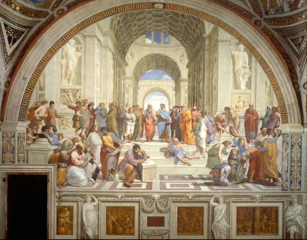 "La Escuela de Atenas", una de las pinturas más destacadas de Rafael Sanzio, es una de las obras-lugares más concurridos de los Museos Vaticanos.