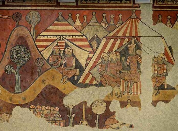 Pinturas murales de la conquista de Mallorca, maestro de la conquista de Mallorca, 1285-1290, hoy conservadas en el MNAC de Barcelona. A la derecha, el rey Jaime I conversa en su tienda con el obispo Berenguer de Palou.