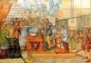 Bautizo de Felipe II el 5 de junio de 1527 en la iglesia de San Pablo. Azulejos del palacio de Pimentel, en Valladolid, por J. Ruiz de Luna (1939).