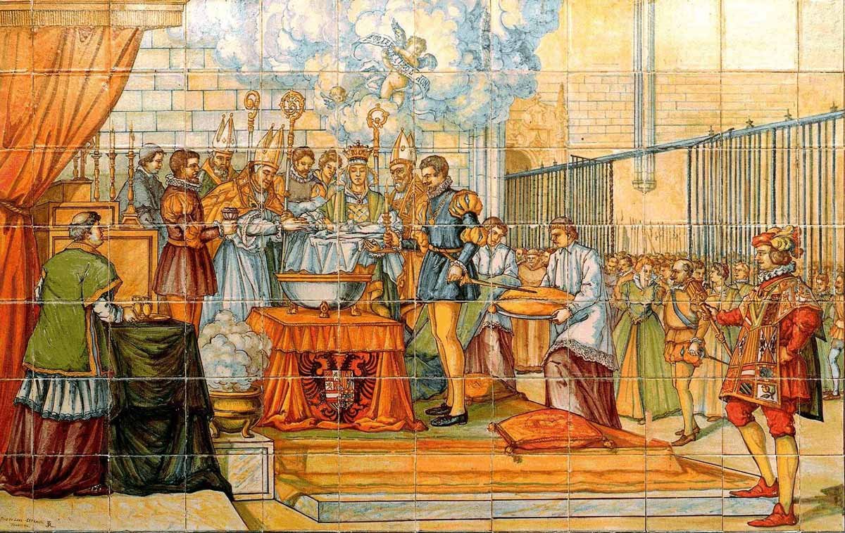 Bautizo de Felipe II el 5 de junio de 1527 en la iglesia de San Pablo. Azulejos del palacio de Pimentel, en Valladolid, por J. Ruiz de Luna (1939).