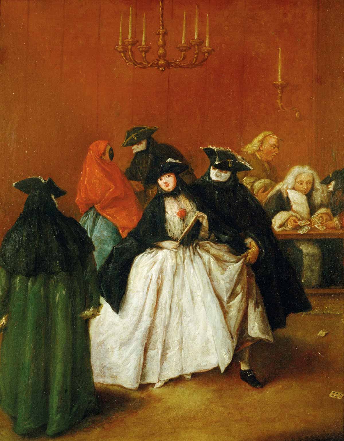 Escena de una fiesta privada en carnaval, en un Ridotto, donde se practican juegos de azar. Por Pietro Longhi (1701-1785), pintor costumbrista que reflejó con brillantez la vida cotidiana de Venecia en el siglo XVIII.