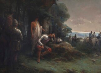 "La Noche Triste de Hernán Cortés", por Manuel Ramírez Ibáñez, 1890, óleo sobre lienzo 180 x 130 cm., fotografía de Santi Rodriguez, imagen propiedad de Museo de Bellas Artes de Badajoz (MUBA) (Extremadura, España).