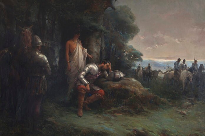 "La Noche Triste de Hernán Cortés", por Manuel Ramírez Ibáñez, 1890, óleo sobre lienzo 180 x 130 cm., fotografía de Santi Rodriguez, imagen propiedad de Museo de Bellas Artes de Badajoz (MUBA) (Extremadura, España).
