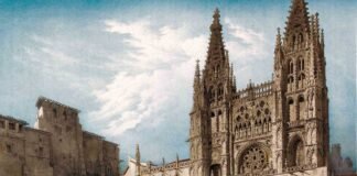 La catedral de Burgos, en un grabado de Villaamil para "España artística y monumental", siglo XIX, coloreado por Jesús Mena. Portada del número 270 de la revista "La Aventura de la Historia".