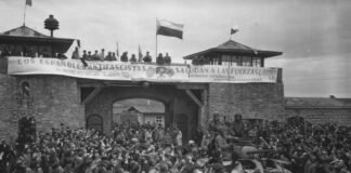 Prisioneros del campo de concentración de Mauthausen celebran la llegada de las tropas estadounidenses, el 5 de mayo de 1945.