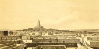 Panorámica de la ciudad de Tombuctú hacia 1858 realizada por Heinrich Barth desde una terraza.