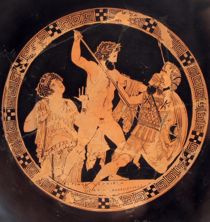 El dios Posidón (centro) combate contra el gigante Polibote en presencia de Gea.