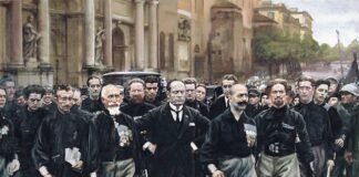La marcha sobre Roma de 1922, recreada por el pintor futurista Giacomo Balla. En el centro, Mussolini, rodeado por los principales dirigentes fascistas.