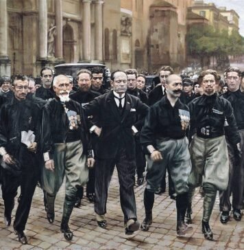 La marcha sobre Roma de 1922, recreada por el pintor futurista Giacomo Balla. En el centro, Mussolini, rodeado por los principales dirigentes fascistas.