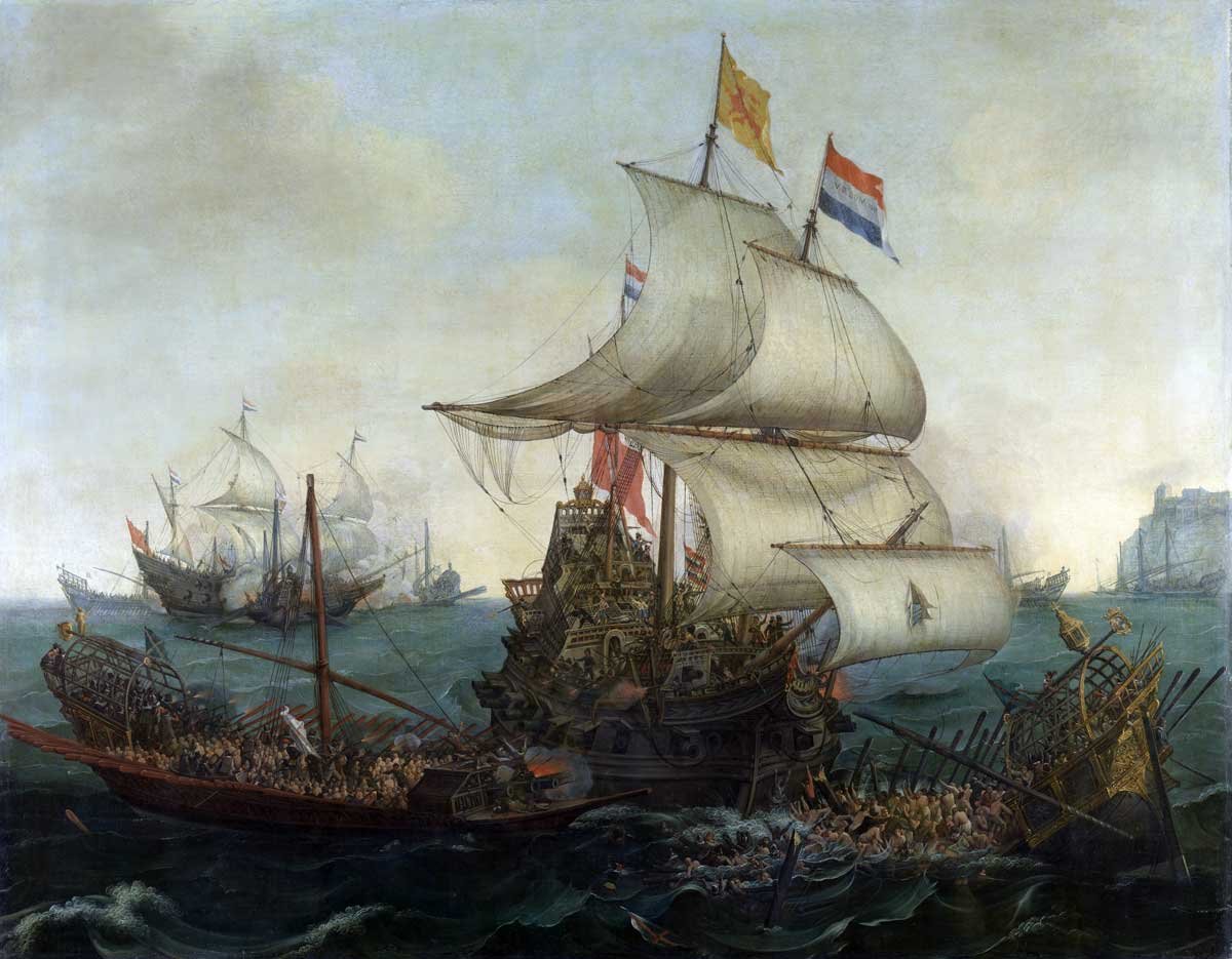 Barcos holandeses embistiendo galeras españolas frente a la costa inglesa, 3 de octubre de 1602, por Hendrick Cornelisz Vroom, Rijksmuseum Amsterdam.
