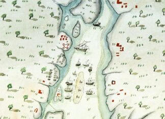 Mapa de la Bahia de Mobila, con las fuerzas desplegadas por Bernardo de Gálvez.