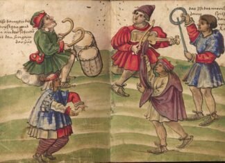 Un grupo de moriscos de granada cantando y bailando en una ilustración del Trachtenbuch de Weiditz.
