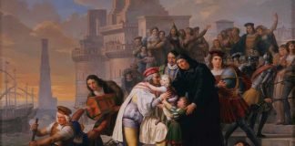 Cristóbal Colón saliendo del puerto de Palos encomienda sus hijos al padre Juan Pérez, por Pelagio Palagi, 1826-1828.