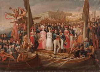 "Desembarco de Fernando VII en el Puerto de Santa María, Cádiz, 1823", pintura al óleo de José Aparicio Inglada, Madrid, Congreso de los Diputados.