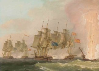 Explosión de la fragata "Nuestra Señora de las Mercedes", hundida cerca de Cádiz en 1804.