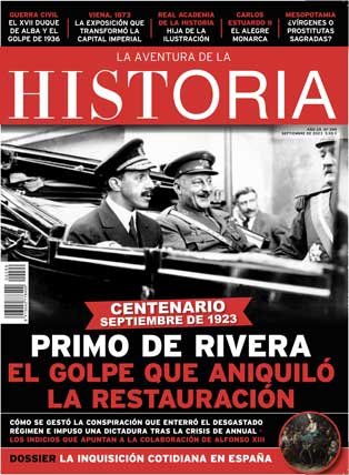 Portada del número 299 de la revista de historia La Aventura de la Historia, ilustrada con una imagen del rey Alfonso XIII y el general Miguel Primo de Rivera. 