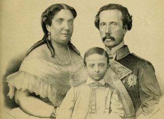 Retrato del príncipe Alfonso con una edad de unos siete años junto a su madre Isabel II y su padre Francisco de Asís de Borbón.