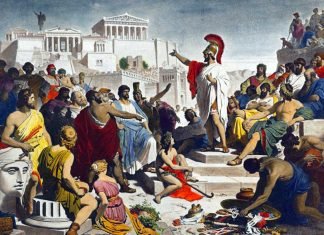 Recreación del gobernante Pericles dirigiéndose a los atenienses.