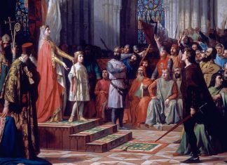 María de Molina presenta a su hijo Fernando IV en las Cortes de Valladolid de 1295, por Antonio Gisbert, Madrid, Congreso de los Diputados.