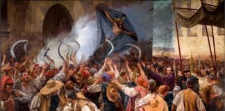 CORPUS DE SANGRE. Levantamiento dels segadors, el 7 de junio de 1640, que dio comienzo a doce años de guerra (Antoni Estruch, Sabadell, Museo de Historia de la Ciudad)