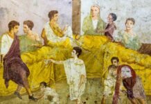 Fresco pompeyano que reconstruye un banquete realizado en época romana.