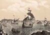 La Armada Naval mandada por el comendador García de Loaísa, compuesta de cuatro naos, dos carabelas y un galeón, sale del puerto de La Coruña para las islas Molucas, el 24 de julio de 1525, BNE.