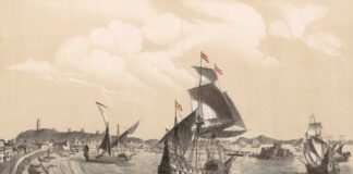 La Armada Naval mandada por el comendador García de Loaísa, compuesta de cuatro naos, dos carabelas y un galeón, sale del puerto de La Coruña para las islas Molucas, el 24 de julio de 1525, BNE.