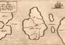 ENTRE EUROPA Y AMÉRICA sitúa la Atlántida este mapa ficticio del siglo XVII, orientado de sur a norte.