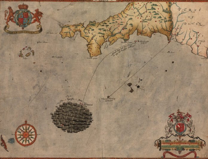 Recreación de la flota española frente a la costa de Cornualles el 29 de julio de 1588. Aparecen los escudos de armas de la reina Isabel I y lord Howard.