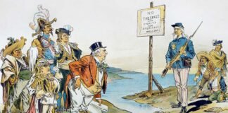 Viñeta satírica de finales del XIX sobre la frase "América para los americanos".