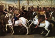 Soldados romanos calzados con sus sandalias y montados a caballo, en una pintura del siglo XVII, Museo del Prado.