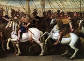 Soldados romanos calzados con sus sandalias y montados a caballo, en una pintura del siglo XVII, Museo del Prado.