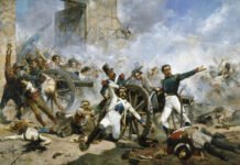 Defensa del Parque de Artillería de Monteleón, en Madrid, por las tropas al mando de Luís Daoiz y Pedro Velarde el 2 de mayo de 1808, contra los soldados franceses, en el inicio de la Guerra de la Independencia, por Joaquín Sorolla, 1884.