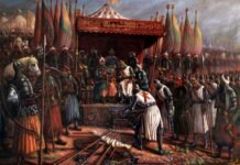 Saladino y Guido de Lusignan despues de la batalla de Hattin en 1187, según una interpretación contemporánea.