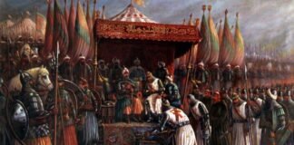 Saladino y Guido de Lusignan despues de la batalla de Hattin en 1187, según una interpretación contemporánea.