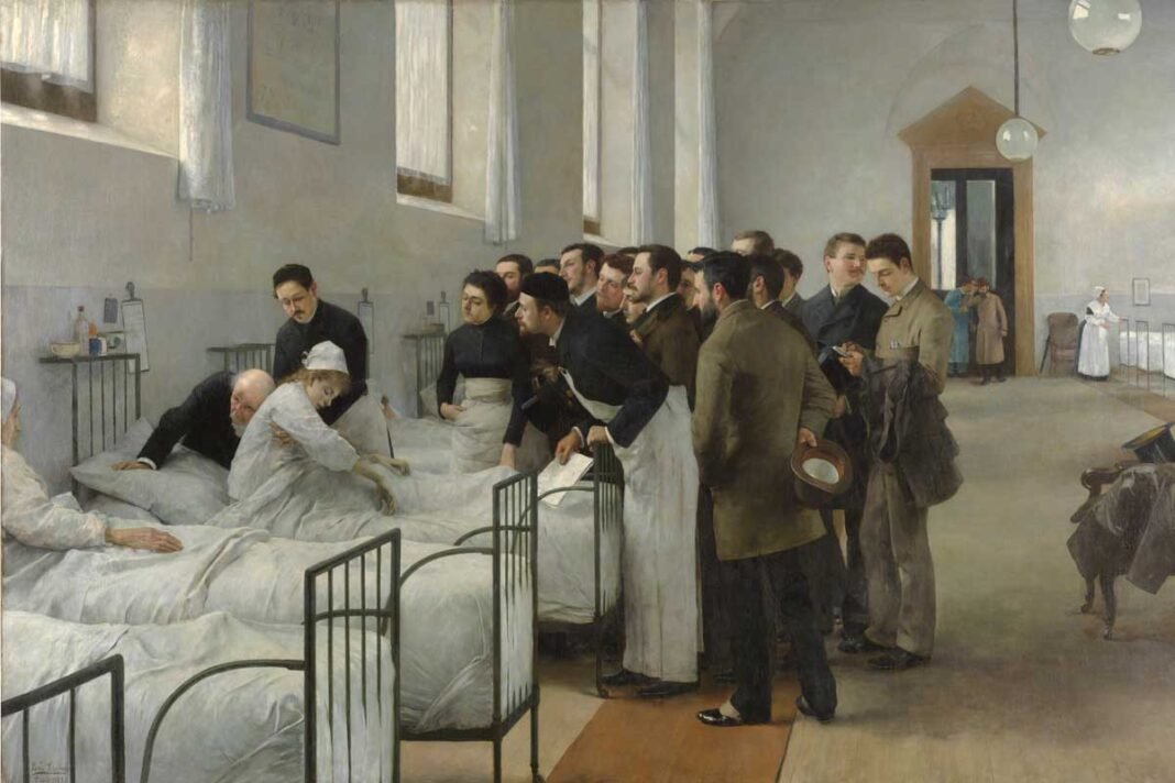 Una sala del hospital durante la visita del médico en jefe, por Luis Jiménez Aranda. Pintura social sobre lienzo, 290 x 445 cm, 1889, Madrid, Museo Nacional del Prado.