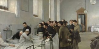 Una sala del hospital durante la visita del médico en jefe, por Luis Jiménez Aranda. Pintura social sobre lienzo, 290 x 445 cm, 1889, Madrid, Museo Nacional del Prado.