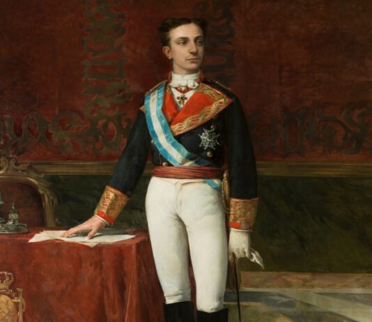 Detalle de un retrato del rey Alfonso XII, hacia 1875, por Manuel Domínguez Sánchez, Madrid, Museo del Prado.