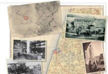 Sobre un mapa de Larache en el sentido de las agujas del reloj: los edificios de Correos y la Aduana de la ciudad en 1928; la mezquita de Jama Nuaj; material llegado a la comandancia; militares españoles en su puesto de trabajo y ubicación del Parque de la Intendencia (en un círculo) en la urbe.