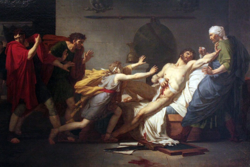 Recreación pictórica de la muerte de catón de útica, realizada por Pierre-Narcisse Guérin, 1797 (Musée de la Révolution française).